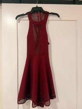 Luxxel Burgundy Knit Fit-and-Flare Dress with Crochet Insets